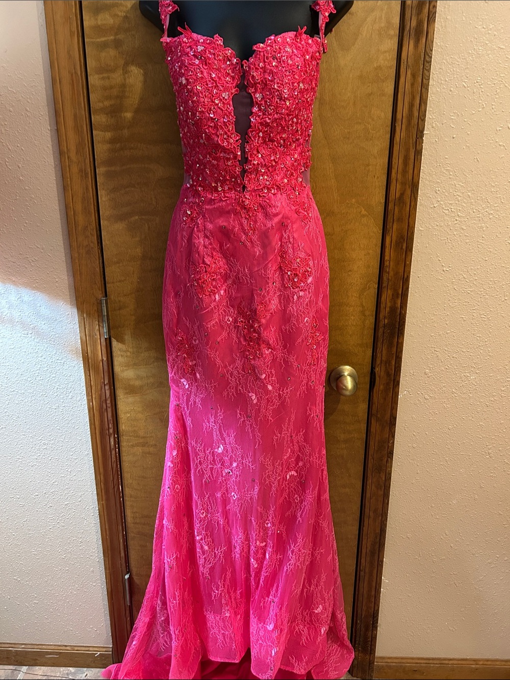 Source Unknown Hot Pink Beaded Lace Prom Dress